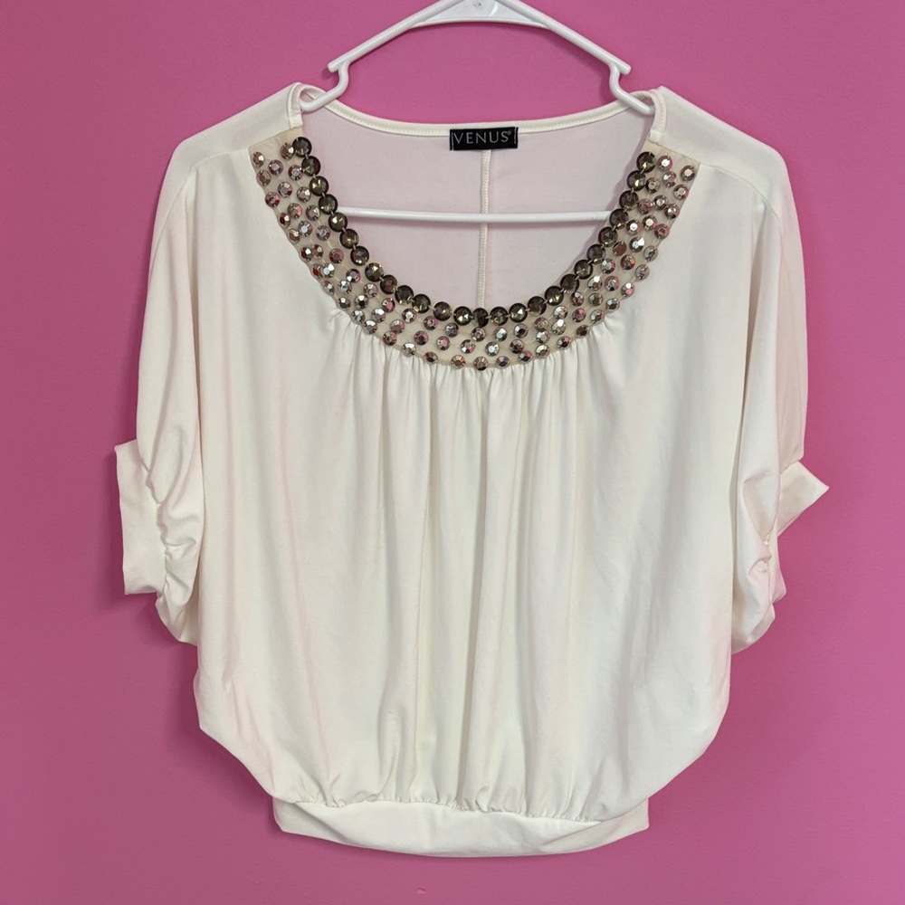 VENUS Cream Beaded Women's Blouse size M medium
